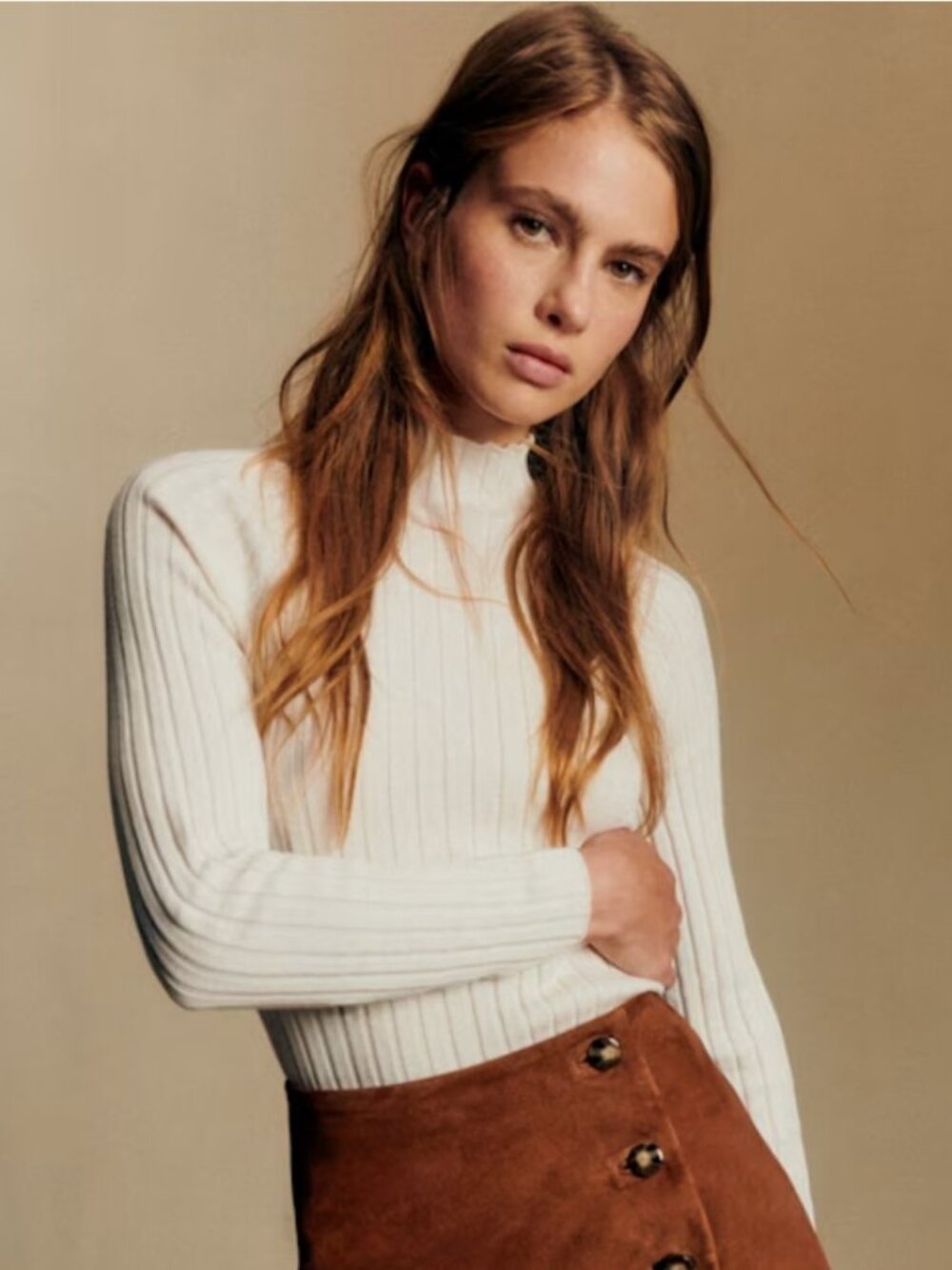 Sézane Charly Jumper Cream Ribbed Mock Neck Sweater XS